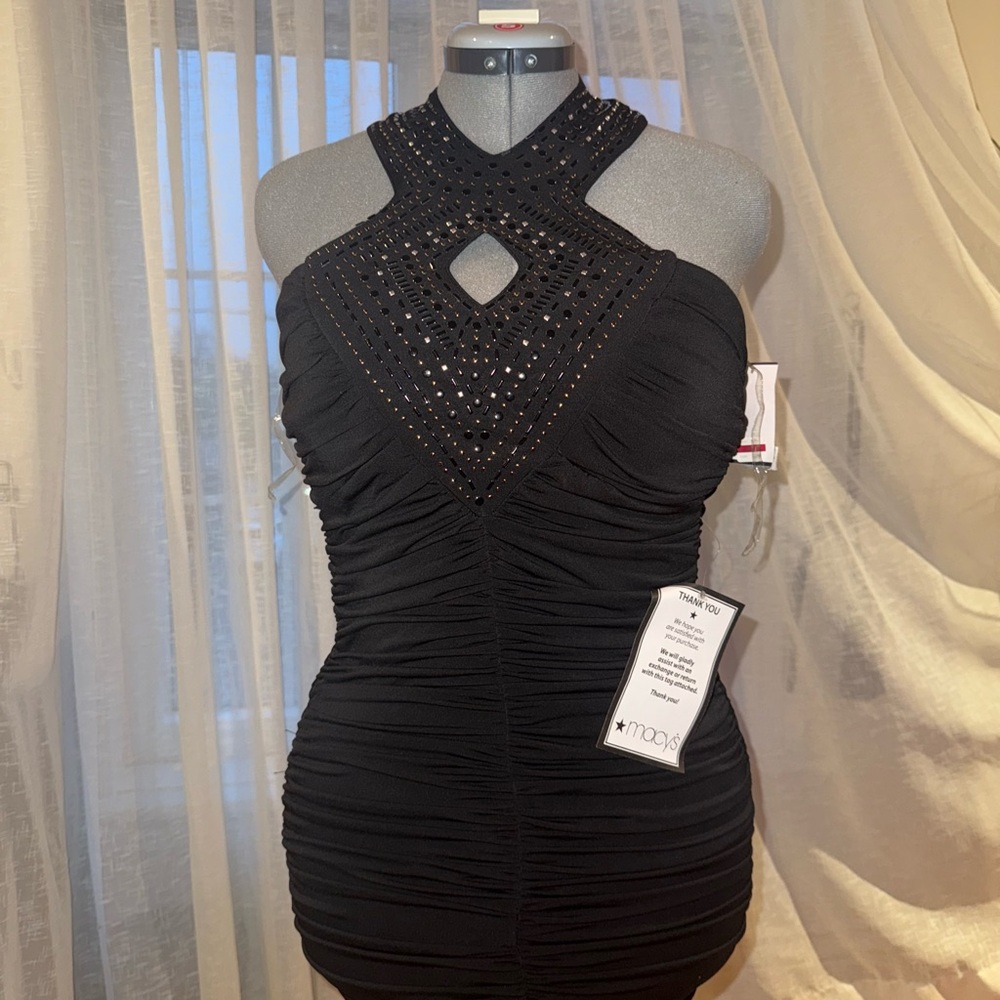 Macy's Black Ruched Embellished Halter Dress